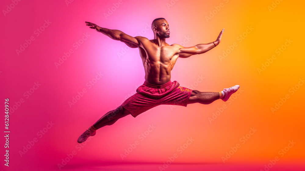 Athletic man jumping in dynamic dance pose, floating in midair, wearing shorts and shirtless, orange and pink gradient background. Generative AI