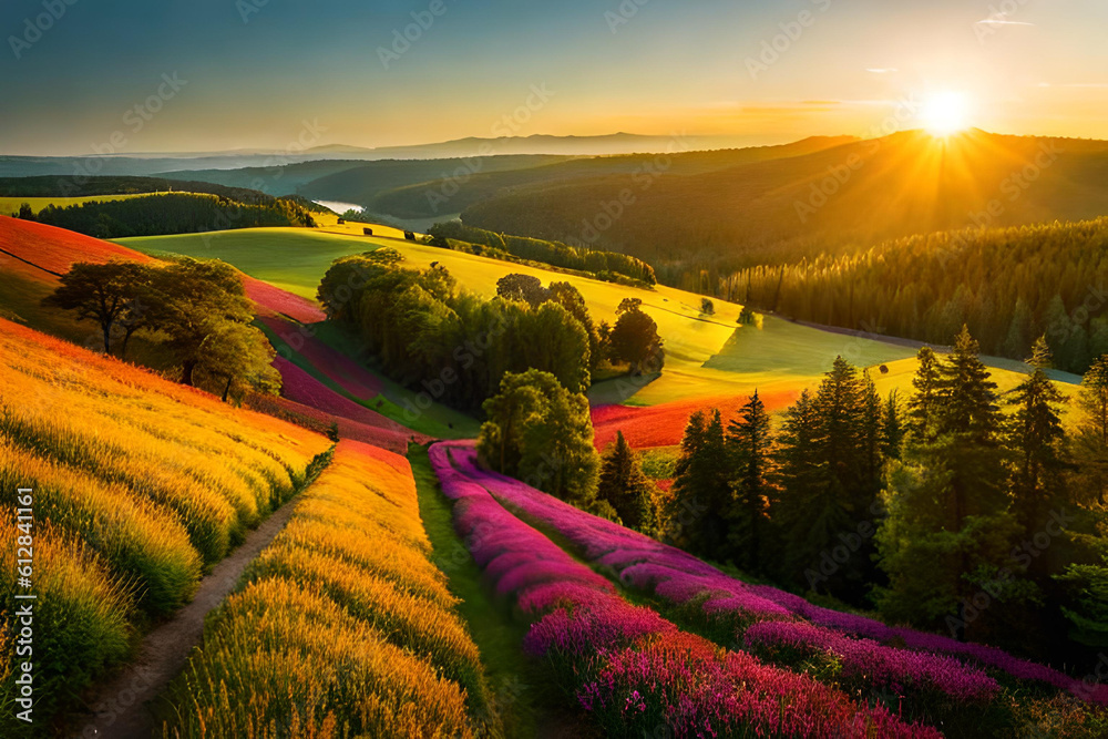 Obraz premium sunset over the field with colorful flower
