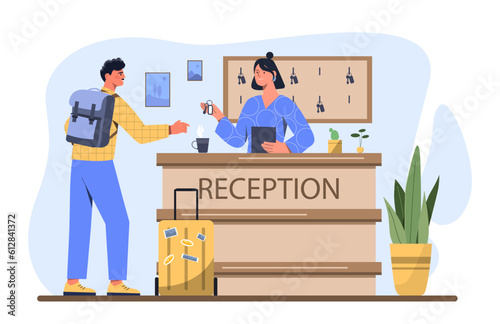 Man and woman at reception. Tourist in hotel talking to staff. Young guy with backpack and suitcase. Lobby Desk worker give room key to guest. Cartoon flat vector illustration