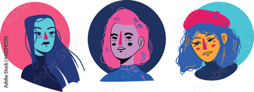 Set of cute female faces, adults and teenagers warm colors arts with isolated hand-drawn lines, vector art, avatar for social networks.