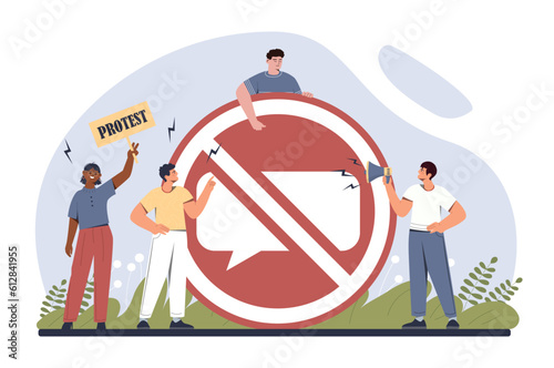 Restrictions on freedom of speech concept. Men and women near prohibition sign with crossed out speech bubble. Activists at protest, freedom and democracy. Cartoon flat vector illustration