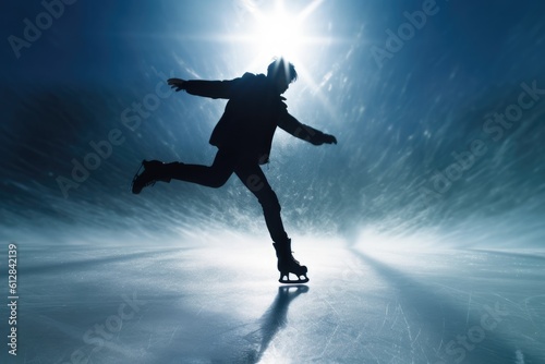 Photo of a figure skater gracefully performing a spin or jump on an outdoor ice rink. Generative AI © Mustafa