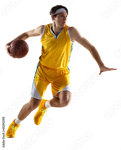 Sportive young man, professional basketball player training with basketball ball isolated over transparent background. © Lustre