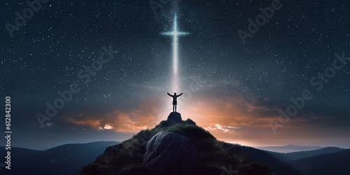 Photo Christian cross symbol in the night sky with silhouette of person with their arm
