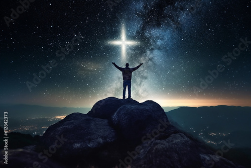 Christian cross symbol in the night sky with silhouette of person with their arms raised worshipping God. Generative AI illustration
