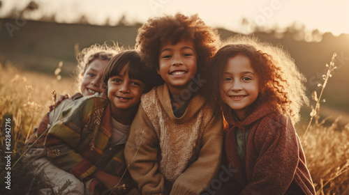 Portrait of multicultural children with friends in the countryside together.