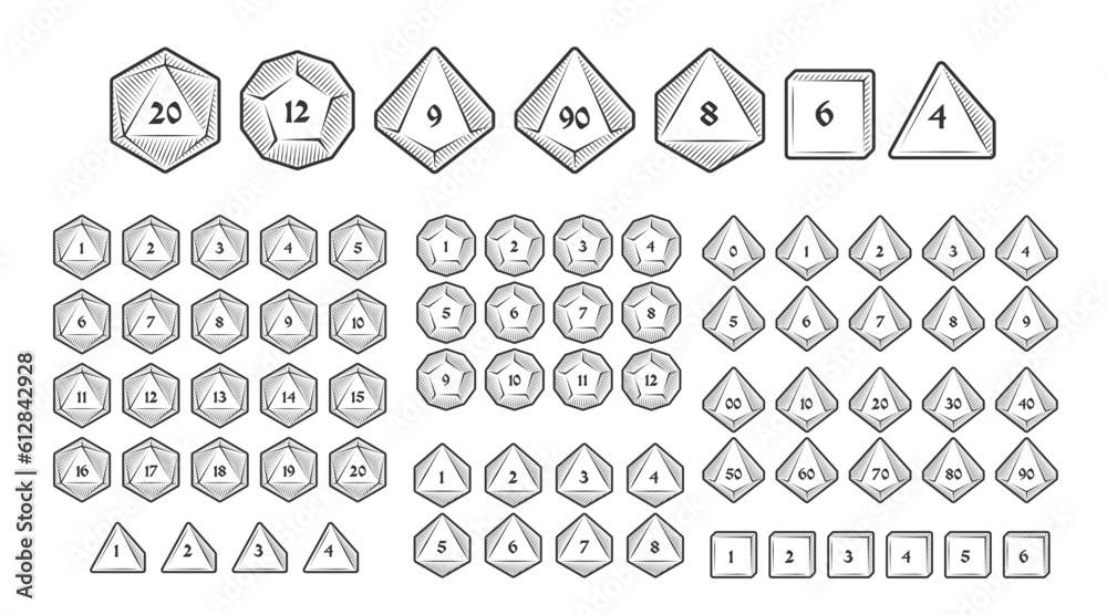 D4, D6, D8, D10, D12, and D20 Dice Icons for Board Games With Numbers, Line  Style With Hatching Stock Vector