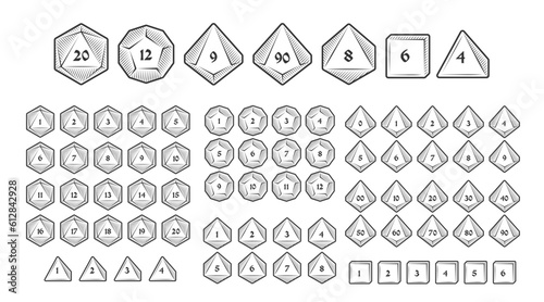 D4, D6, D8, D10, D12, and D20 Dice Icons for Board Games With Numbers, Line Style With Hatching photo