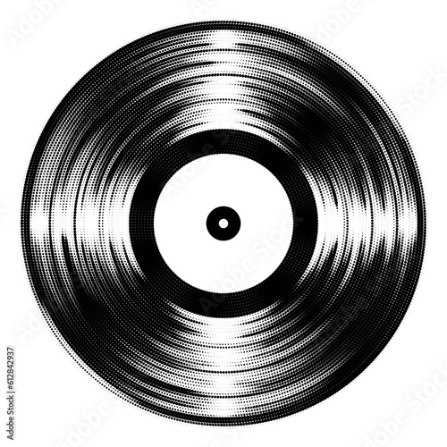 Gramophone Black Vinyl LP Record Silhouette Isolated on White Background With Halftone Effect. Vector Illustration
