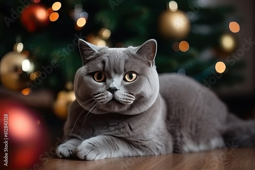 British cat lies near Christmas tree with balls and lights garland. Generative AI.