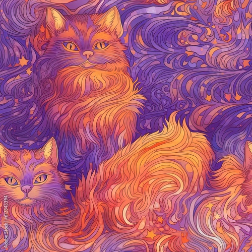 Seamless repetitive pattern with cats and swirls. Colorful beautiful vintage pattern repetition  beautiful background builder for Halloween celebration. Generative AI.