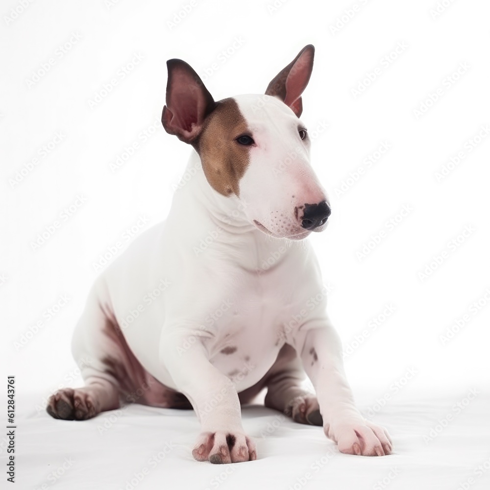Miniature Bull Terrier dog isolated on white background. Generative AI