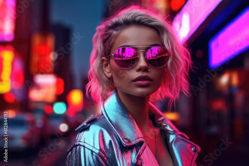 Futuristic and stylish 1980s fashion female model poses in the night city lights. Generative AI