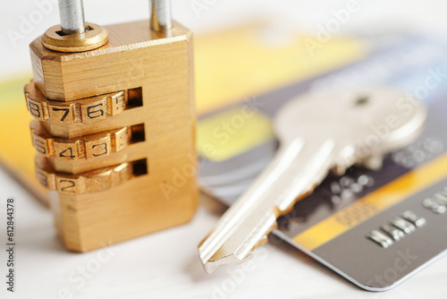 Credit card with password key lock, security finance business concept.