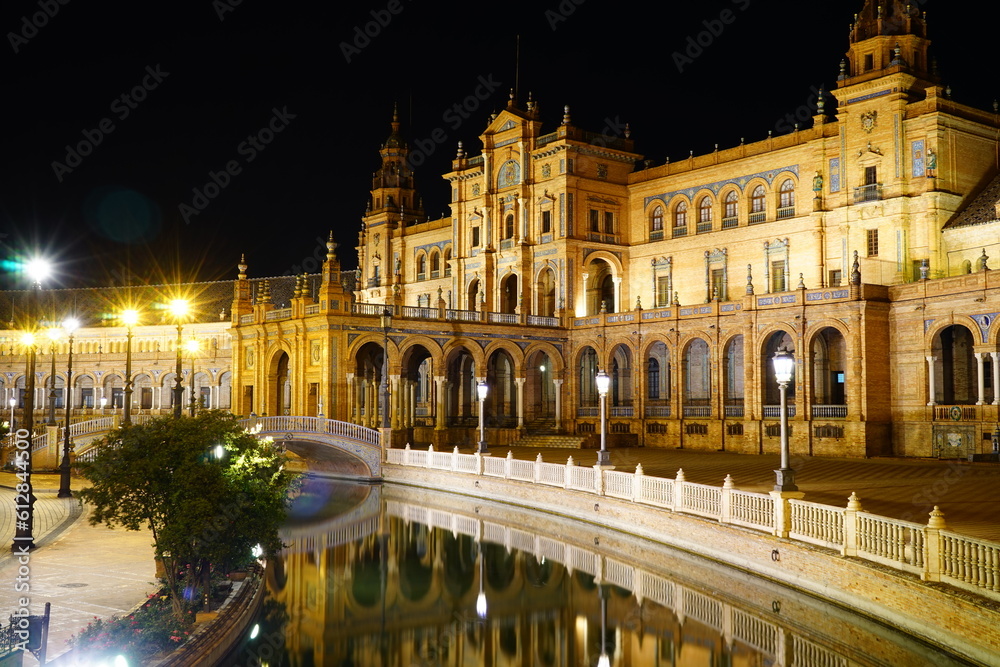 Magical atmosphere at Plaza de España in the night, Seville, Andalucia, Spain