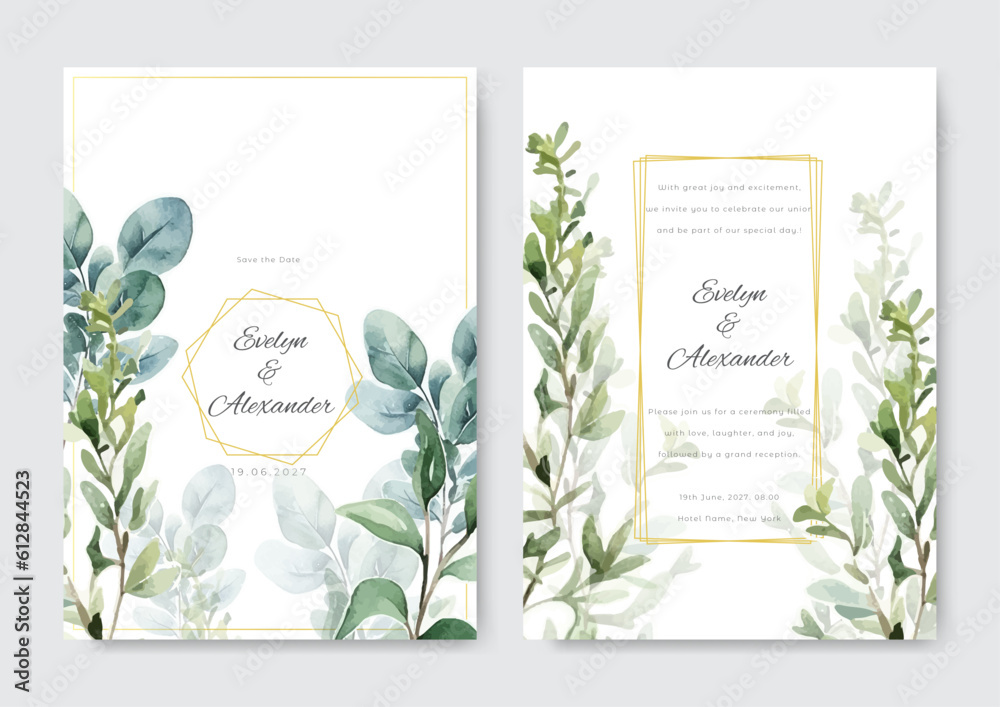 Beautiful leaves wedding invitation card set. Watercolor floral wedding card template