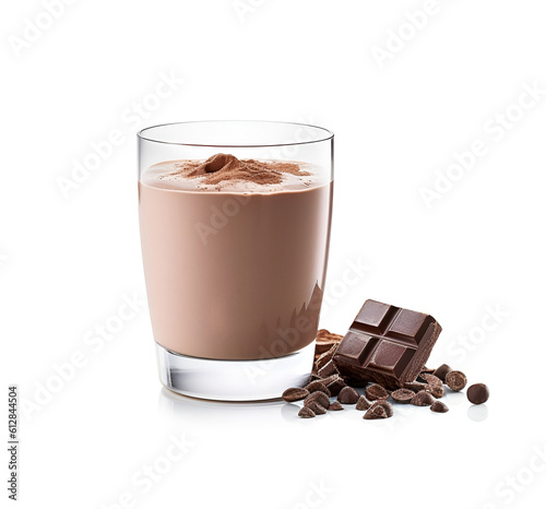 Chocolate milk in glass on white backgrounds. Generative AI