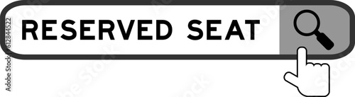 Search banner in word reserved seat with hand over magnifier icon on white background