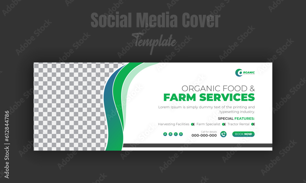 Organic food and agriculture service modern lawn mower garden, or landscaping social media cover design template for business promotion with green gradient, yellow color shape and white background