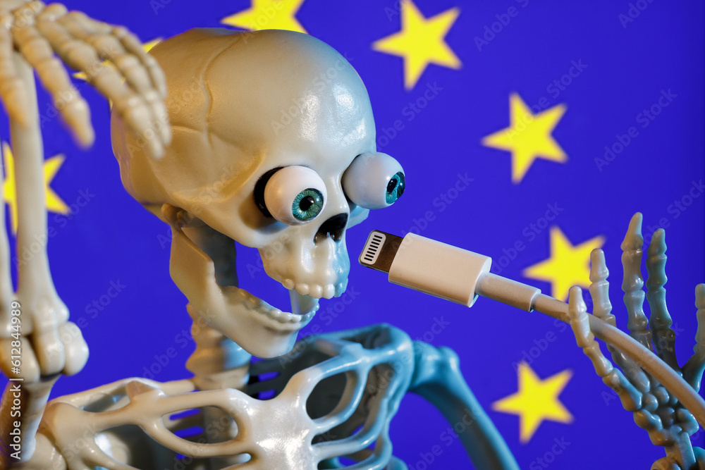 Portrait of funny skeleton toy holding a phone charging cable, he symbolizes USB Lightning connector dead for a European decision.
