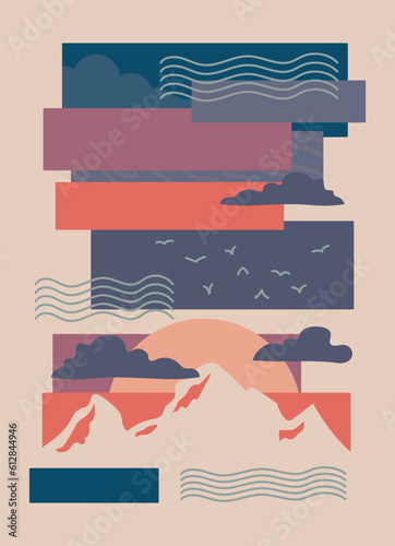 Contemporary aesthetic landscapes featuring sunrise, sunset, and night time scenes. Earthy tones and soft pastel hues are employed, creating a boho-inspired wall decoration. The artwork reflects.