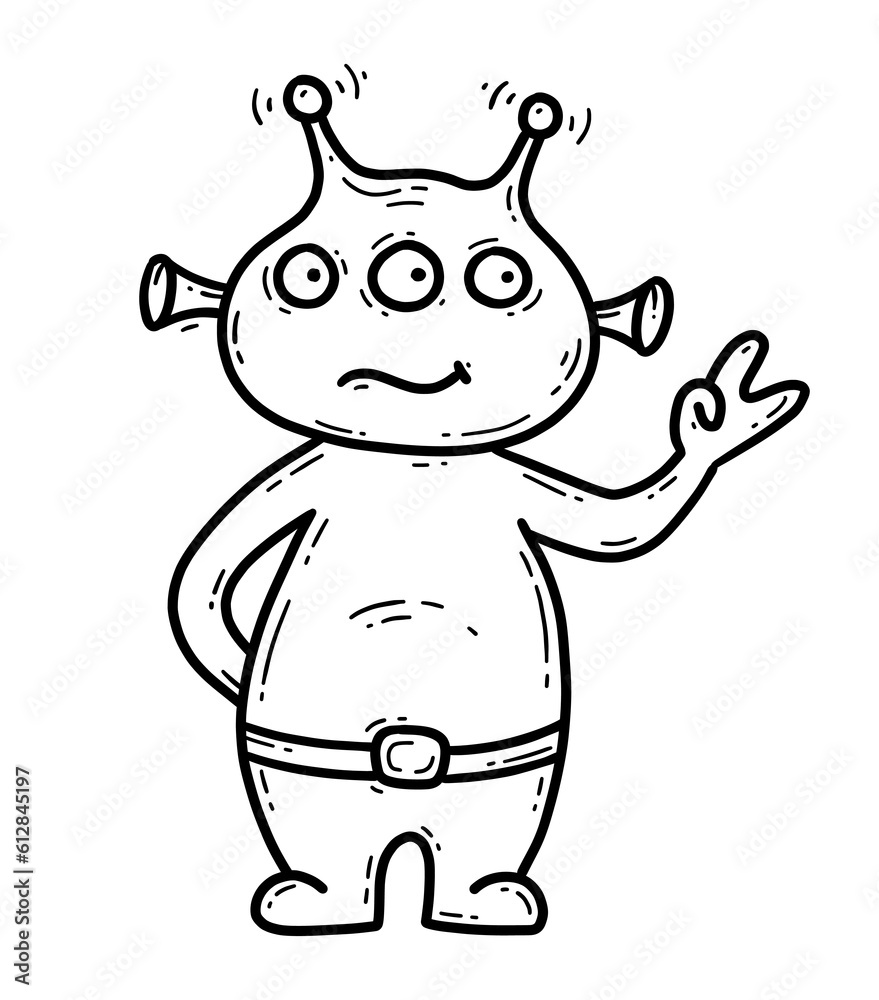 Cute green alien in doodle cartoon style, peace sign Cute green alien in doodle cartoon style, peace sign