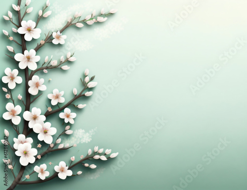 branch with white flowers on a green background, Beautiful hand drawn floral background design, frame, bouquet for greeting card, cherry blossom background, flowers background, Generative AI