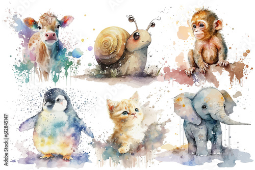Leinwand Poster Safari Animal set elephant, monkey, cat, snail, cow, penguin in watercolor style