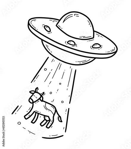 UFO flying saucer abducts cow, spaceship vector icon in doodle style, alien invasion