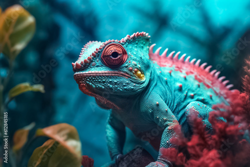 stunning turquoise chameleon  its intricate patterns and vibrant colors bringing a touch of fantasy to your imagination. Generative AI.