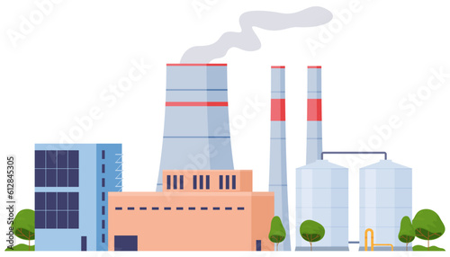 Industrial plants for the production of products, electricity, equipment. Factory complex with pipes. Vector illustration