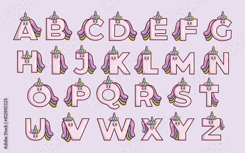 Cute unicorn alphabet animal font colorful letter