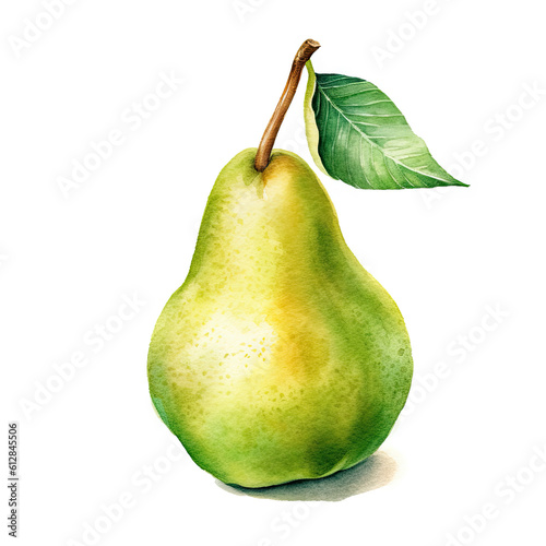 Generative AI watercolor ripe fresh pear on white background