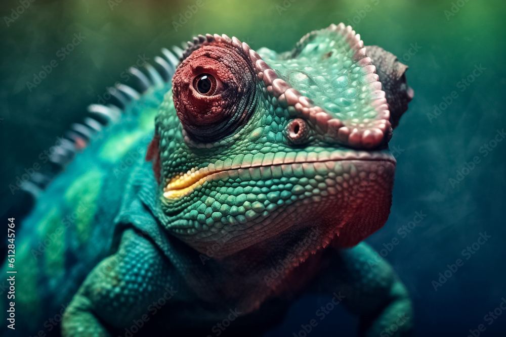 stunning turquoise chameleon, its intricate patterns and vibrant colors bringing a touch of fantasy to your imagination. Generative AI.