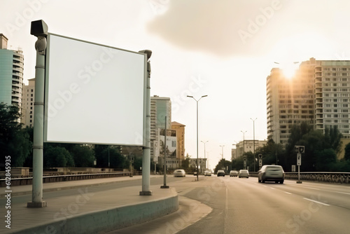 Blank white advertising banner mockup next to the road