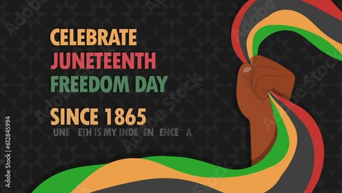 Celebrating Juneteenth background animation. Text celebrate Juneteeth. Hand hold flag. June 19. Black history month. Freedom and Emancipation day. Motion graphic photo