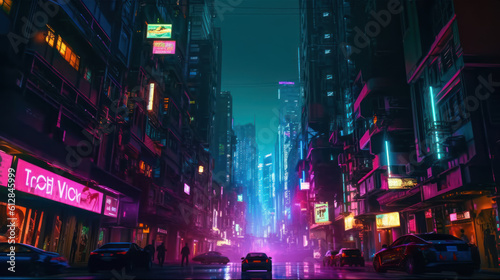 A sci-fi futuristic city with skyscrapers and neon colored streetlights. This image portrays the metaverse city and cyberpunk concept with its high-tech and urban elements. Ai Generative