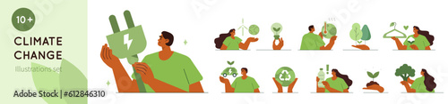 Climate change concept illustrations. Mega set. Collections of men and women characters showing benefits of sustainable living and environment protection activities. Vector illustration.
