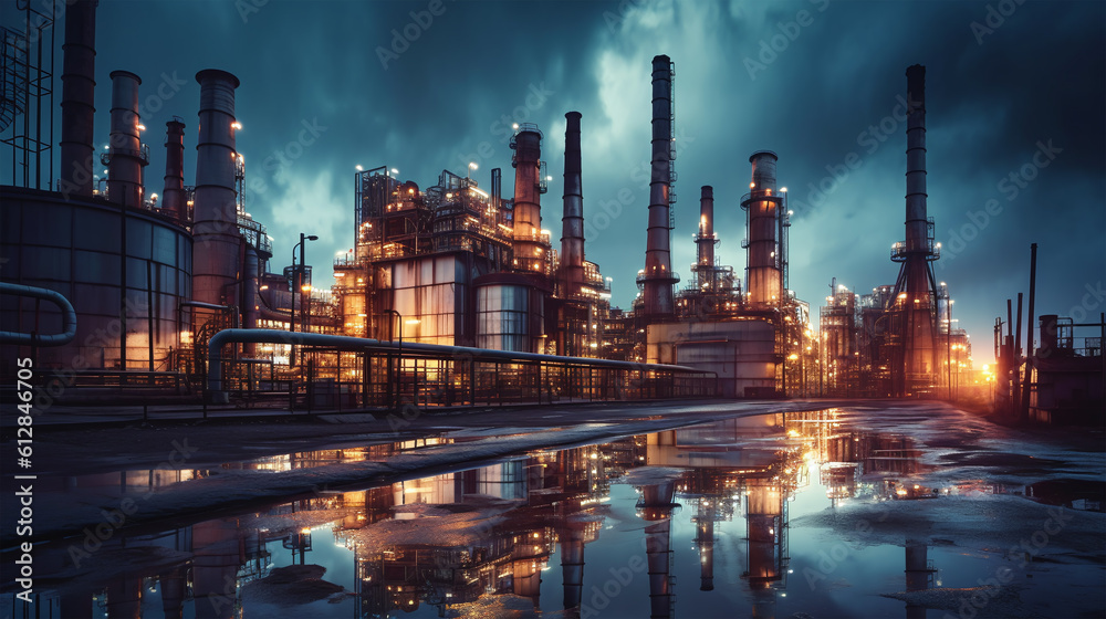 Naklejka premium a giant industrial plant at night, in the style of environmental awareness, smokey background Generative AI
