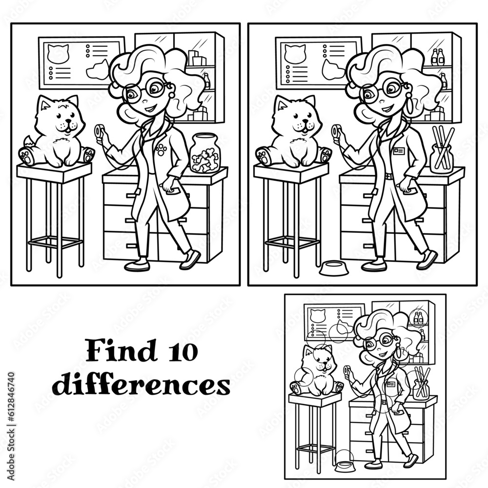 The veterinarian treats the dog. Find 10 differences. Tasks for children. Vector illustration