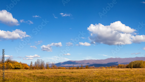 Autumn rural landscape in grass field. Mountains  bright clear blue sky and isolated clouds in the background. - generative ai