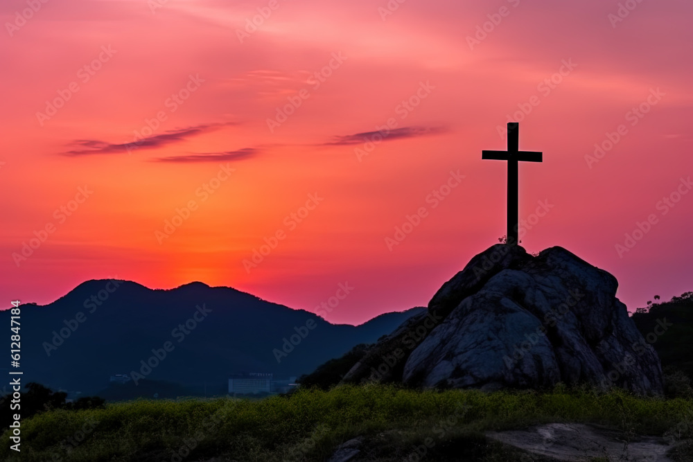 Cross on the hill. Religious concept	