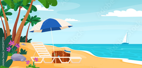 Beach deck chair with umbrella. Summer vacation on a sandy beach. Happy hot vacation. Vector illustration