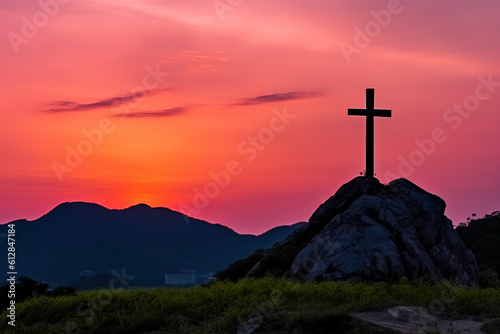Cross on the hill. Religious concept	