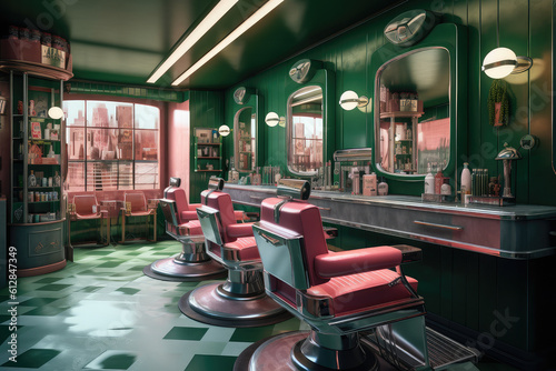 Interior of barbershop in pink and green color. Generative AI