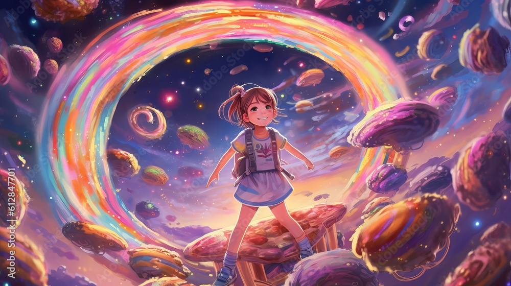 Whimsical Anime Girl Riding Shooting Star in Candy-Colored Galaxy - Illustration, Digital Painting, Generative AI