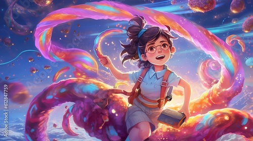 Whimsical Anime Girl Riding Shooting Star in Candy-Colored Galaxy - Illustration with Childlike Wonder and Adventure, Generative AI