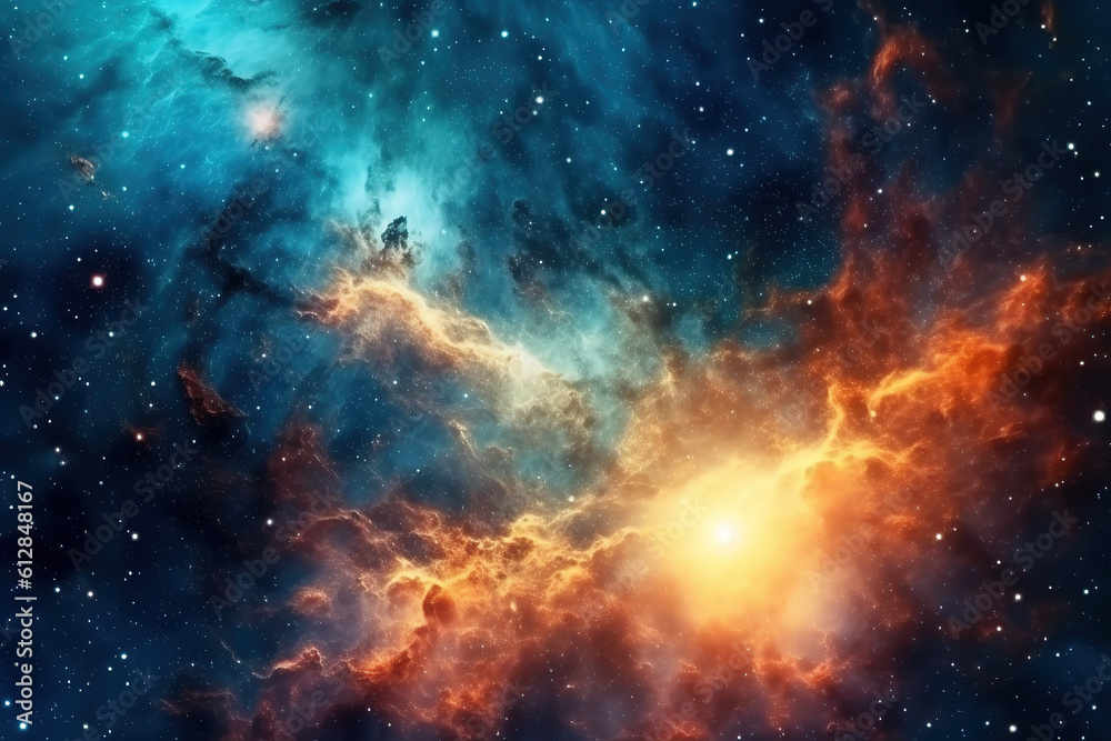 Naklejka premium nebula and star field against space. science astronomy. Supernova background wallpaper stars and galaxies in outer space showing the beauty of space exploration. generative AI