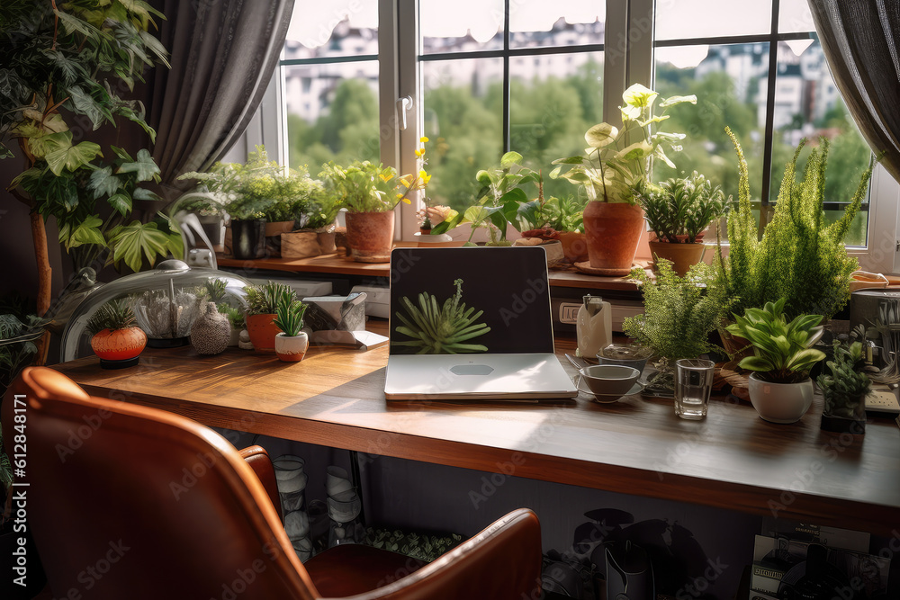 Workplace interior in botanical style. Generative AI