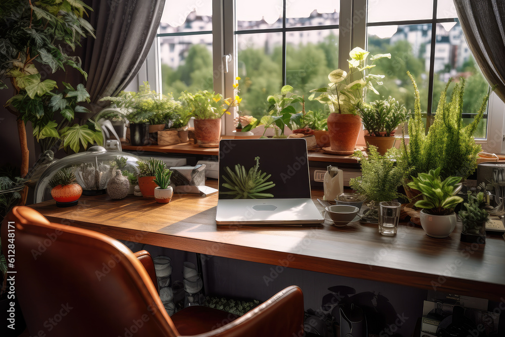 Workplace interior in botanical style. Generative AI Workplace interior in botanical style. Generative AI